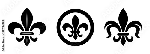 Vintage fleur de lis vector set, black lily flower heraldic symbols, royal french lily icons for luxury branding and elegant crest design