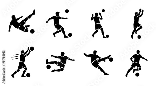 Soccer player silhouettes set, 8 football athlete icons in action poses, black sport vector elements for tournament posters and athletic branding