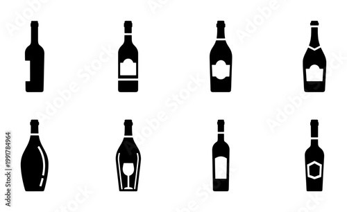 Minimalist wine bottle icons set, black silhouette alcohol bottle collection, 8 vector glass bottle shapes for restaurant menu and bar branding