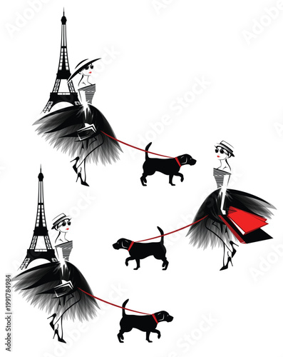 chic glamorous woman wearing fashion clothes walking with her pet on the leash - trendy dog owner in Paris vector design