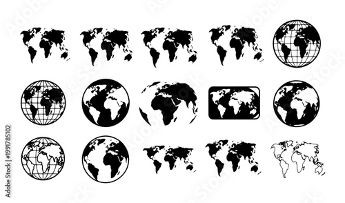 Minimalist world map icon set, black earth globe vector silhouettes, collection of 15 global geography symbols for business and travel logistics
