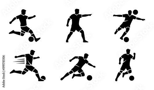 Soccer player silhouettes set, 6 football athlete icons in action poses, black vector sports figures kicking and dribbling ball for tournament design