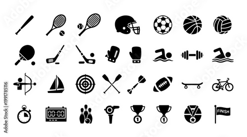Black sport icons set, flat vector athletic equipment symbols, collection of 32 minimalist sports activity signs for competition and fitness