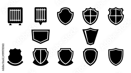 Black shield icons set, 12 vector heraldic crest silhouettes, security and protection badge symbols for logo design and web interface