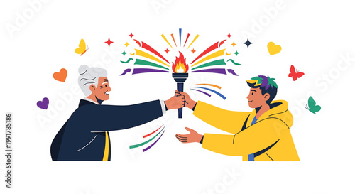 Diverse people passing torch, colorful celebration, teamwork icons, partnership illustrations, handovers