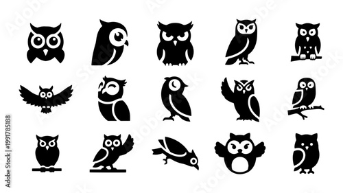 Minimalist owl icon set, 15 black bird silhouettes, flat vector owl illustrations for logo design and branding, nocturnal wildlife symbols