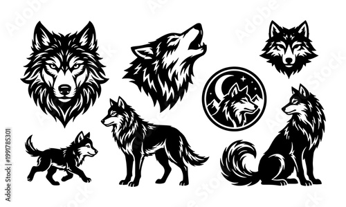 Vintage wolf head and howling wolf silhouette set, black and white wildlife animal vector illustrations, 7 forest predator mascot icons for logo design