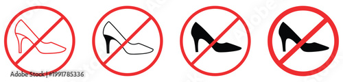 No high heels sign in flat style, basic vector symbol illustration showing prohibition of high-heeled shoes with crossed heel icon, representing safety rules and footwear restrictions