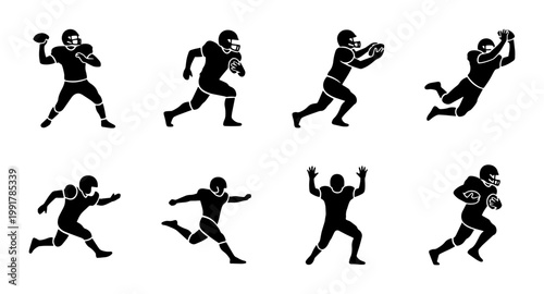 American football player silhouettes set, 8 black vector icons of athletes in action, professional football sports figures for logo design and team branding