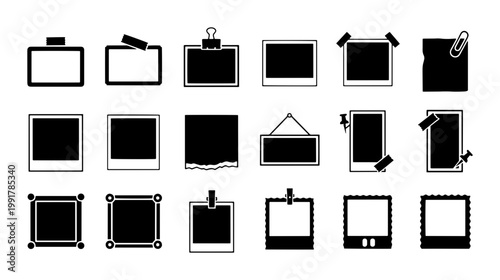 Minimalist photo frame icons set, black and white instant film borders, 18 vector picture frames with tape and clips for scrapbooking