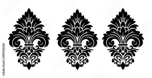 Vintage fleur de lis damask ornaments, black heraldic lily vector icons, elegant floral royal symbols for luxury branding and invitation design