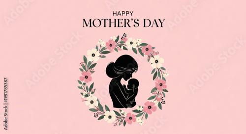 Silhouette of a mother tenderly embracing her child surrounded by a floral wreath of pink and green flowers on a soft pink background celebrating mother's day with warmth and love