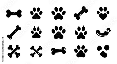Black dog paw prints and bone icons set, 15 animal footprint vector elements, pet shop and veterinary clinic graphic symbols on white background