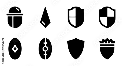 Medieval shield icons set, black silhouette heraldry symbols and knight armor elements, 8 vector security and defense graphics for gaming