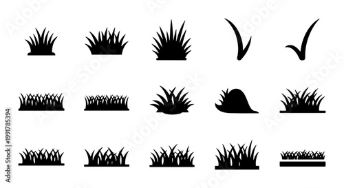 Black grass silhouette icons set, 15 vector lawn tufts and meadow plant elements, minimalist botanical garden border shapes on white background