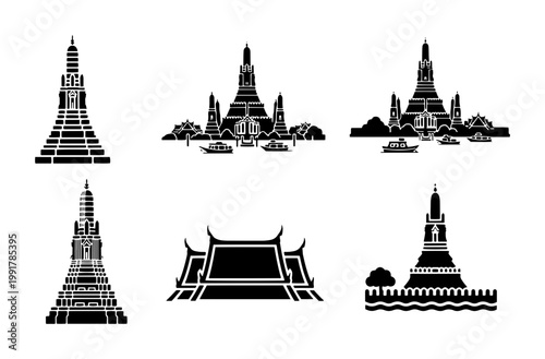 Thai temple silhouette collection, black and white Buddhist pagoda vector icons, traditional Asian architecture set for travel and tourism design