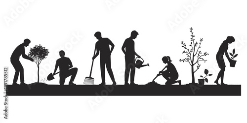 Gardening silhouette illustration, people watering and planting artwork, outdoor nature vector design, environmental care drawing, black and white style