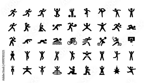 Sport and fitness stick figure icons set, 45 black vector pictograms of people exercising, athletic human silhouettes for gym and competition signage