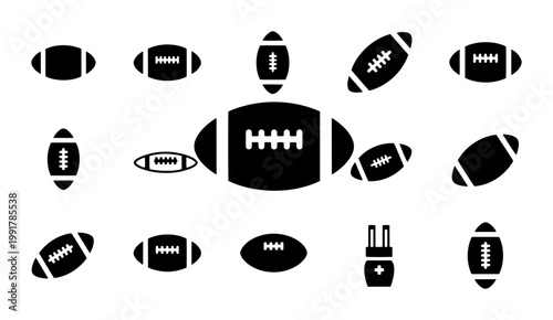 American football icons set, black silhouette rugby ball vector collection, sports equipment symbols for competition and athletic games