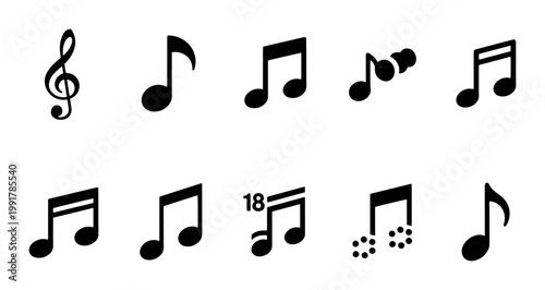 Musical notes icon set, black silhouette music symbols and treble clef vector collection, minimalist sound notation elements for graphic design