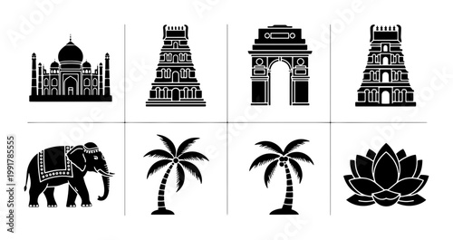 Indian landmark icons set, black silhouette vector of famous monuments and cultural symbols, 8 travel elements including elephant and palm trees
