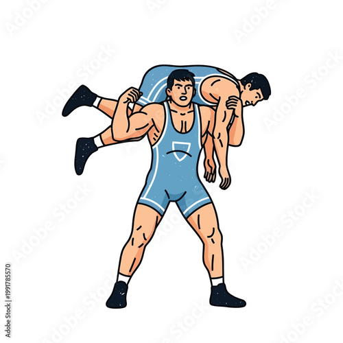 Wrestler carrying opponent on shoulders, sports illustration, competitive match
