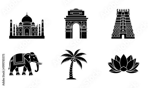 Indian culture and travel icons set, black silhouette landmarks and symbols of India, 6 vector elements for tourism and heritage design