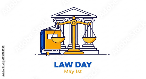 Golden scales of justice and law book icon with pillars on law day may 1st celebration