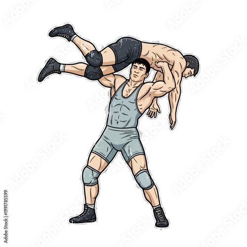 Wrestler lifting opponent in competition