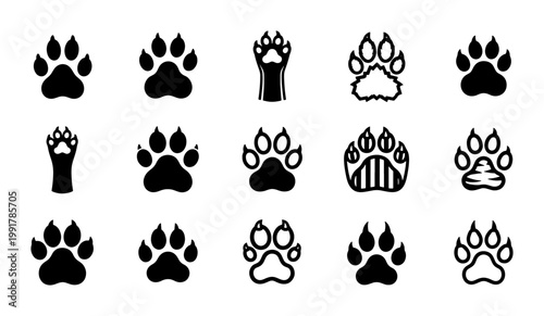 Animal paw print vector icons set, black silhouette pet footprints collection, 15 wildlife track elements for logo design and pet shop branding