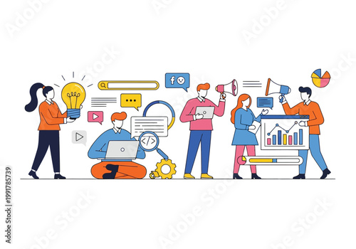 Digital marketing and business development team working on strategy, content creation, and data analysis, flat vector illustration