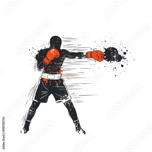 Boxer punching with orange gloves, dynamic motion, grunge style