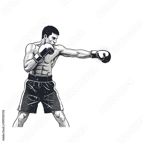 Boxer Punching, Athletic Man in Boxing Shorts and Gloves, Dynamic Action