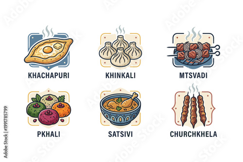 Georgian traditional cuisine icon set with khachapuri khinkali and national dishes in flat style