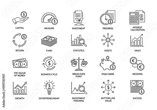 Set of thin line icons for business, finance, money, investment, banking, and economy