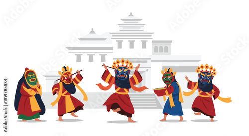 Five expressive masked Cham dancers perform a traditional ritual ceremony in front of a pristine white silhouette of a majestic Tibetan monastery structure.