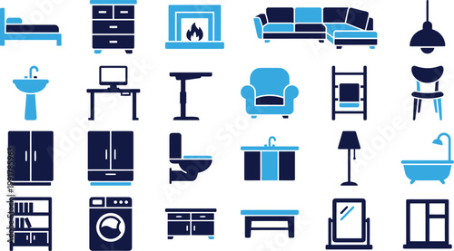 Household furniture and decor icons for interior design.