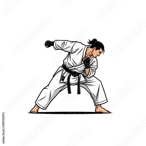 Karate fighter in white gi performing punch, dynamic pose, isolated on white