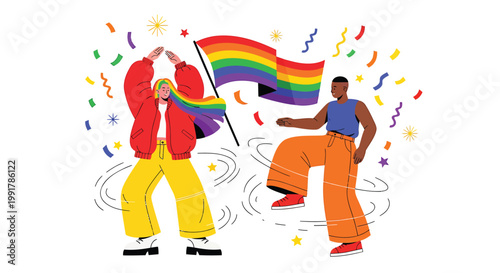 LGBTQ pride, rainbow flag, dancing people, celebration, colorful confetti