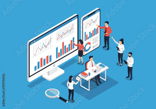 Business people analyzing financial charts and data on computer screens and mobile devices in an office setting