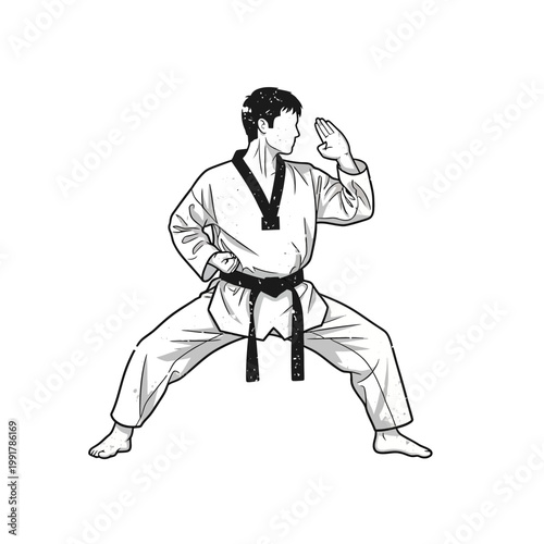 Martial artist in uniform performing a defensive stance