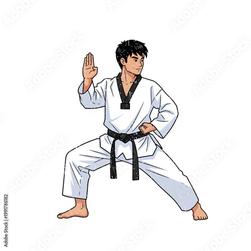 Martial artist in white uniform performing a stance