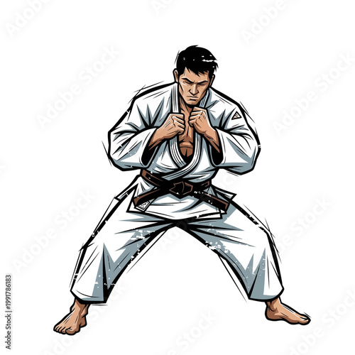 Martial artist in white gi, ready stance, fighting pose, judo, karate, aikido