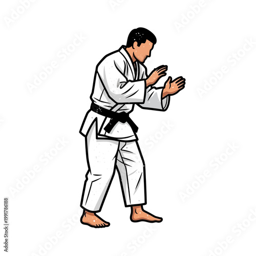 Martial artist in white gi with black belt, defensive stance