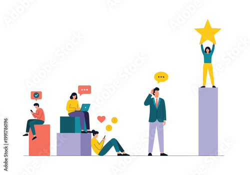 Business people interacting with digital marketing icons and growth charts, flat vector illustration