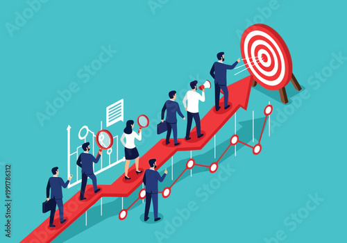 Business team walking up a red arrow chart towards a target, professional growth, success, and goal achievement concept