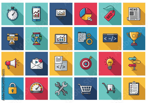 Set of flat design business and marketing icons with long shadows