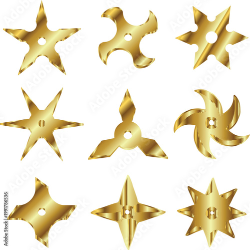 Golden ninja stars with smooth metallic texture, arranged symmetrically, soft shadows, studio lighting, high-end product showcase style, ultra HD, minimalistic composition