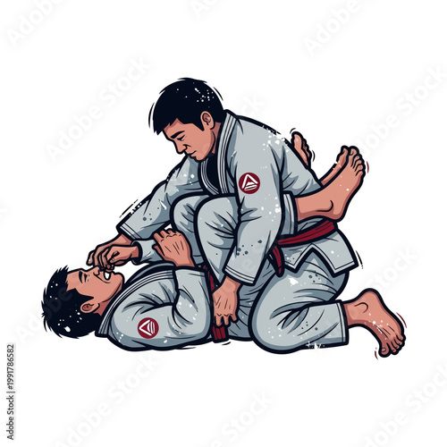 Two men practicing Brazilian Jiu-Jitsu grappling on white background, martial arts illustration