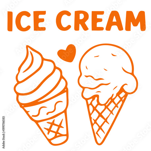 Ice cream cones doodle illustration with soft serve and scoop waffle dessert
